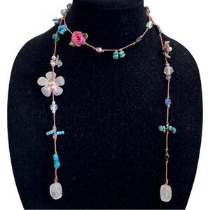 Vintage Handmade Lariat Real Pearls, Quartz, Turquoise, Jade on Knotted Leather